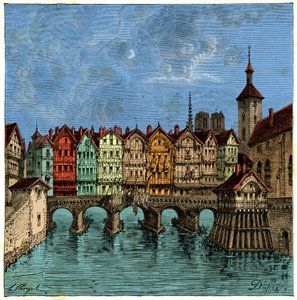 De kleine brug die later de Pont au Change in Parijs werd in de Middeleeuwen, gravure 19e eeuw