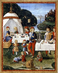 De snack van Maximiliaan Sforza (1490 - 1530) in het park. Miniatuur uit een 15e-eeuws manuscript. Milaan, Biblioteca Trivulziana