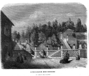 De trap van de kassen in de Jardin des Plantes in Parijs in 1858. door Unknown artist