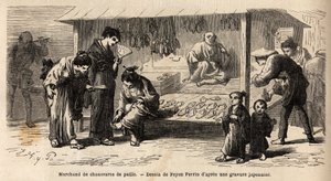 De stempel van een stro-schoenverkoper, met verschillende klanten, een vrouw die een paar probeert met haar vrienden, en een vader die voor haar kind zorgt. Gravure ter illustratie van de reis naar Japan, in 1863-1864, door Aime Humbert, minister van de Zw door Unknown artist