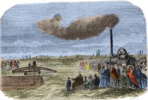 De stoomafvoer uitgevonden door Albert Fry en John Fowler tijdens een mechanische drainageoperatie nabij Versailles. Gravure uit 1856 in 