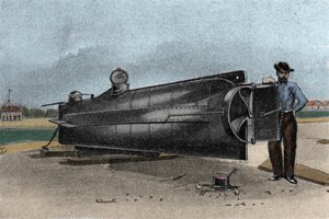 De onderzeeër (submarine) CSS H. L. Hunley gebruikt door de marine van de Geconfedereerde Staten tijdens de Secessieoorlog. 1861-1865 Gravure uit de 19e eeuw door Unknown artist