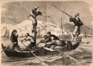 De zwaardvis harpoenvissen (pesce spada, zwaardvis) aan de kust van Sicilië in Italië in 1862. Gravure in 