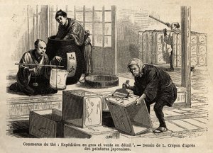 De handel in thee: groothandel en detailhandel verzending. Gravure ter illustratie van de reis naar Japan, door Aime Humbert, minister van de Zwitserse Confederatie, in 1863-1864, gepubliceerd in 