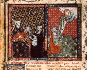 De vertaler monnik presenteert zijn boek aan koning Filips III van Frankrijk genaamd de Stoute (1270-1285). Miniatuur uit De Christelijke Leer, door St. Augustinus (?)