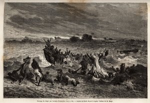 Het transport van het leger van koning Ahmadou op de Niger rivier tijdens het regenseizoen veroorzaakte talrijke schipbreuken en veel verlies van paarden. Gravure ter illustratie van de reis naar West-Soedan van luitenant (marine) M.Mage, in 1863-1866, gep door Unknown artist