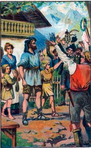 Het eerbetoon van de confederatie aan Guillaume Tell (Wilhelm Tell) (legendarische held van de Zwitserse onafhankelijkheid). Chromolithografie uit het einde van de 19e eeuw.