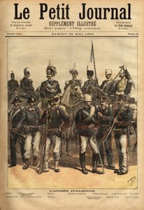 De uniformen van het Italiaanse leger, een paard van links naar rechts: de artillerie, de cavalerieofficier, de generaal, de kolonel van de carabinieri, de officier van de gidsen, het 10e regiment van speren, de honderdste. Staand van links naar rechts: de