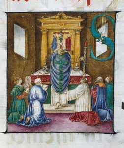 De verheffing van de hostie. Lettrine S. - uit een 16e-eeuws koor. Kerk van de Gekroonde Maagd van Lodi.