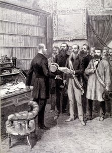 Het bezoek van de arbeidersafgevaardigden aan het Palais Bourbon (Jules Guesde, Mr Ferroul, Mr Baudin en Mr Thivrier) aan de secretaris-generaal van het voorzitterschap: Mr Martin, tijdens de demonstratie op 1 mei door Unknown artist