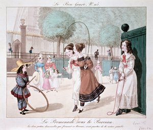 De wandeling onder de wieg: De twee kleine dames die deze wieg vormen, zijn van hetzelfde been (Jardin des Tuileries), ca. 1840 door Unknown artist