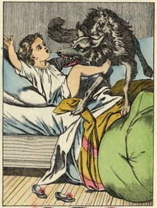 De wolf slaat Roodkapje. Illustratie van het sprookje 