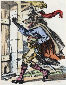 De wolf klopt op de deur van het huis van de biquet (illustratie van het sprookje 