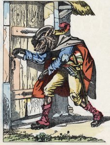 De wolf klopt op de deur van het huis van de biquets. Illustratie van het sprookje 