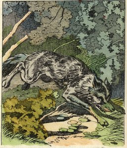 De wolf rent naar het huis van oma. Illustratie van het sprookje 