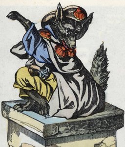 De wolf zit op de schoorsteen. Illustratie van het sprookje 