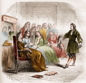 De schrijver Georges de Scudéry (1598-1667) tijdens een literaire salon georganiseerd door zijn zus, Madeleine de Scudéry, in 1650. Gravure uit 1860-1861. door Unknown artist