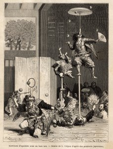 Theater Saltimbanks: jongleurs, evenwichtskunstenaars en acrobaten, de een, zijn typisch voor de Edo-regio (Tokyo), herkenbaar aan hun evenwichtskunsten met valse neus van mest, het belangrijkste attribuut van de godheid Tengu, beschermheer van deze saltim