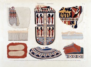 Thebe, Hypogees: 1.2.3.6.7.8. schilderijen van mummie-omhulsels 4.5. Details van een franje en een gestreept doek, gevonden op mummies - in 