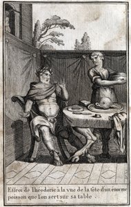 Theodorik de Grote (ca. 454/455-526), koning van de Goten, is bang bij het zien van het hoofd van een enorme vis die op zijn tafel wordt geserveerd. Gravure in 