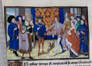 Thibaut III van Champagne, Lodewijk, Graaf van Blois en Chartres, en Boudewijn IX van Vlaanderen ontmoeten elkaar. Miniatuur in 