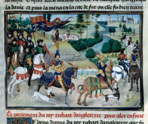 Derde Kruistocht: Richard Leeuwenhart (of Richard I van Engeland (1157-1199) vertrok in juni 1191 naar het Heilige Land vanaf Cyprus Miniatuur uit 
