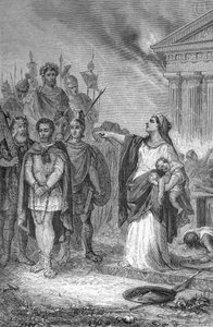 Derde Punische oorlog: zelfmoord van de vrouw van de Carthaagse generaal. Gravure 1884