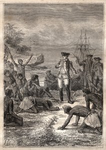 Derde reis (1776-1779) van Kapitein James Cook (1728-1779): Cook wordt verwelkomd door de inboorlingen (Hawaii) - illustratie uit 