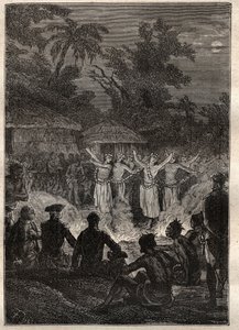 Derde reis (1776-1779) door Kapitein James Cook (1728-1779): een feest op de eilanden van de Vrienden (Koninkrijk Tonga, Polynesië) - illustratie uit 