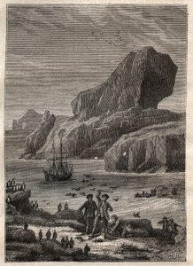 Derde reis (1776-1779) van Kapitein James Cook (1728-1779): de eilanden van Kerguelen (Kerguelen-archipel, Antarctica) - illustratie uit 