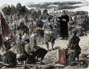 Dertigjarige Oorlog: Zweden in gebed voor de Slag bij Luetzen - Dertigjarige Oorlog (1618-1648): Koning Gustaaf II Adolf van Zweden (1594-1632) en zijn troepen verzamelen zich voor een religieuze viering voor de Slag bij Luetzen (1632) door Unknown artist