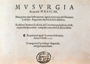Titelpagina van Musurgia praktisch handboek van muziek (1536)