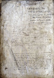Titelpagina van een manuscript: Verovering van de Heilige Graal, geschreven 717 jaar na de passie van onze heer. Bibliotheque municipale de Rennes, ms. 255 (Collectie van romans van de Ronde Tafel) door Unknown artist