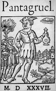 Titelpagina van de editie van 1537 van Pantagruel, door Francois Rabelais - De reus Pantagruel en twee van zijn apostelen, uit 