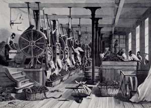 Tabaksfabriek, wasruimte en tabaksraspen. Gravure rond 1867. Parijs, Musee Carnavalet door Unknown artist