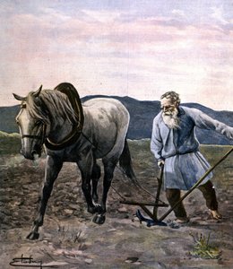 Tolstoy aan het ploegen. Gravure eind 19e eeuw door Unknown artist