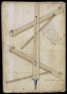 Torenmeetinstrument - Manuscript: perkamentblad van een ingenieurshandboek voor de bouw van civiele, religieuze en militaire gebouwen, anoniem, eind 15e eeuw (figuur in Chinese inkt)
