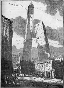 Toren van Bologna - de Asinelli-toren en de kleinere Garisenda-toren - gravure 19e eeuw.