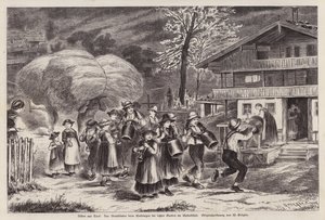 Traditioneel luiden van koeienbellen om het binnenhalen van de laatste oogst te vieren in het Alpbachtal, Tirol, Oostenrijk (gravure) door Unknown artist