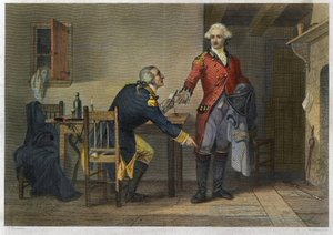 Verraad van Arnold - Onafhankelijkheidsoorlog of Amerikaanse Revolutie (1775-1783) - Benedict Arnold (1741-1801) slaagde erin majoor John Andre (1750-1780) te overtuigen de plannen van West Point in zijn laars te verbergen tijdens hun ontmoeting op 21 sept