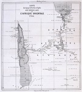 Reiskaart van Richard Francis Burton, Britse ontdekkingsreiziger (1821-1890) en Speke naar de Grote Meren van Oost-Afrika 1857-59 - in Tour du Monde door Unknown artist