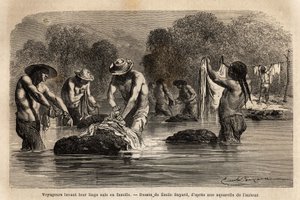 Reizigers die hun vuile was wassen in de rivier, samen met Boliviaanse peons, in de buurt van Maniri (Laag-Peru). Gravure ter illustratie van de reis in de valleien van Quinquinas, door Paul Marcoy, in 1849-1861, gepubliceerd in 