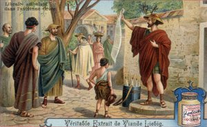 Reizende boekverkoper in het oude Griekenland. Chromolithografie, Liebig afbeelding.