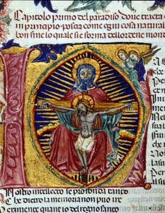 Drie-eenheid (de duif van de Heilige Geest is te zien in de baard van de Vader). Verlicht codex