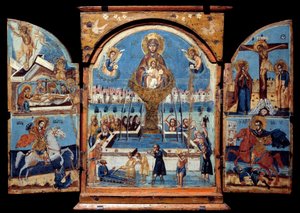 Drieluik van de Maagd, bron van leven (middenpaneel): de Maagd steekt een wonderbaarlijke waterbron over. Links de opstanding en deponering. Onder een ridder (Sint Joris) die een draak neerslaat. Rechts de kruisiging en een ridder (detail) door Unknown artist