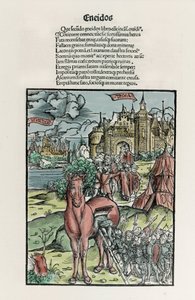 Troje: Griekse krijgers verlaten het paard zodra het de stadsmuren is gepasseerd. Eneide. Houtsnede door Sebastian Brant. Straatsburg door Unknown artist