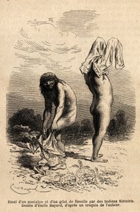 Twee Siriniris-indianen proberen een broek en vest aan te trekken, die een lid van de expeditie te drogen had gelegd aan de oever van de meren aan de voet van de berg Basiri (Peru). Gravure ter illustratie van de reis in de valleien van Quinquinas (Peru),  door Unknown artist