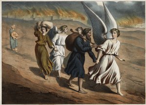 Twee engelen begeleiden Lot en zijn dochters die de stad Sodom moeten verlaten, die net als Gomorra door God wordt vernietigd. Lots vrouw die terugkeert naar de stad ondanks het verbod, zal als een zoutpilaar worden versteend. Anonieme gravure uit het midd