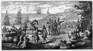 Lossen van voorraden in de Franse koloniën van Amerika. Pentekening plaatst een hoofd van een memoire van Vauban over 