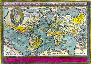 Universele geografische kaart (wereldkaart) van 1596. Gravure. Privécollectie.